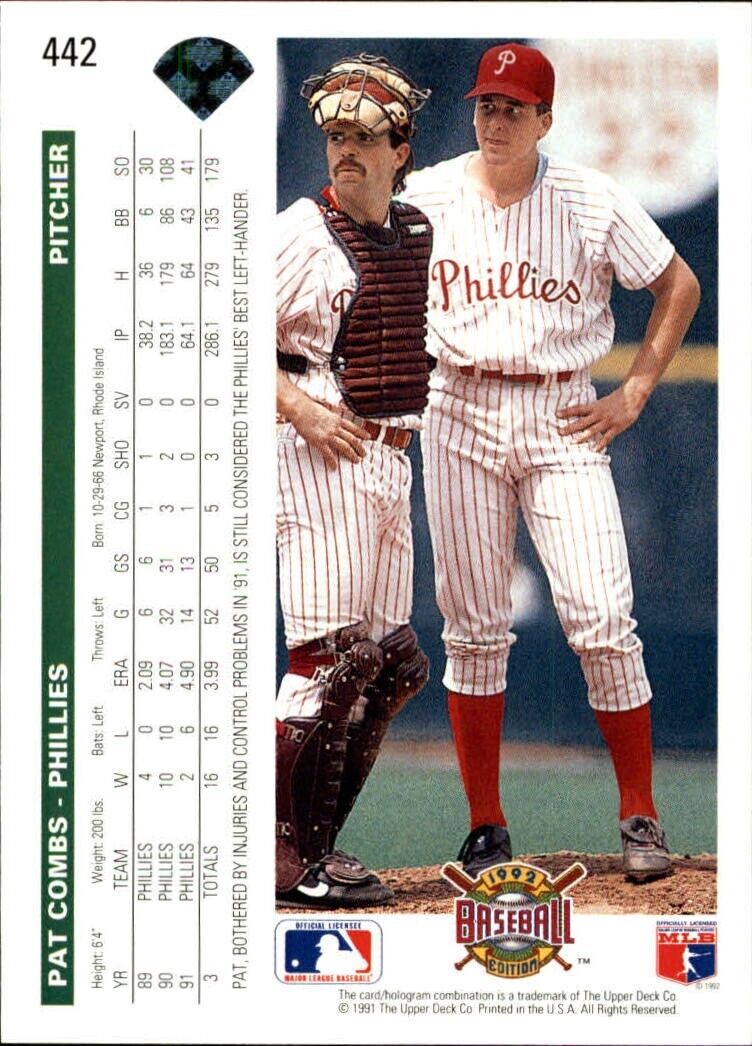 Pat Combs 1992 Upper Deck MLB #442 Baseball Card Philadelphia Phillies