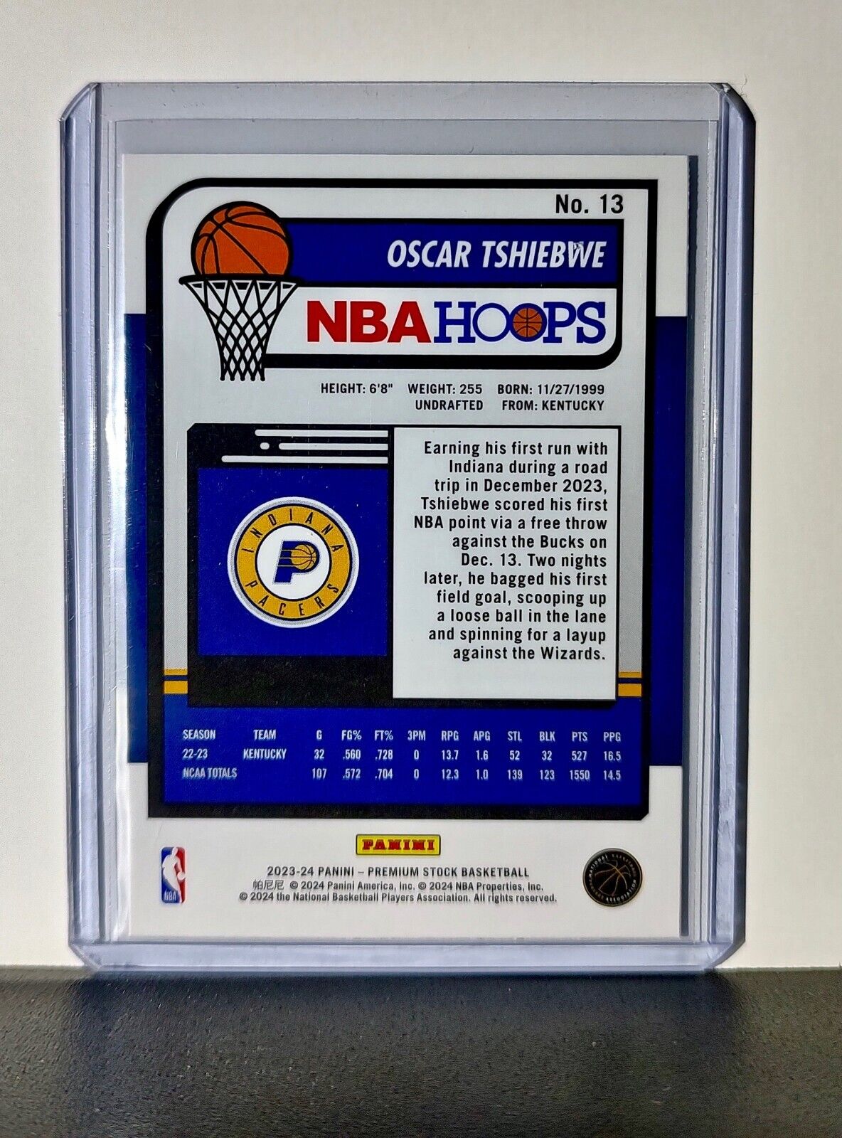 Oscar Tshiebwe 2023-24 Panini Premium Stock NBA Hoops #13 Rookie Card Pacers