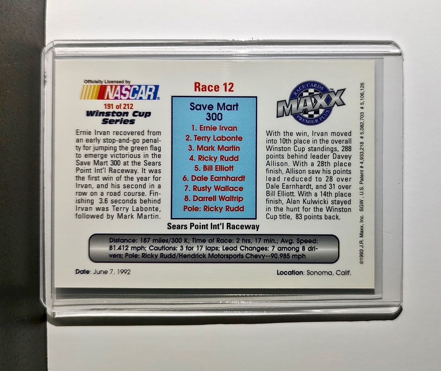 Race 12 Sears Point YR 1993 Maxx Premier Plus Racing #191 NASCAR Card