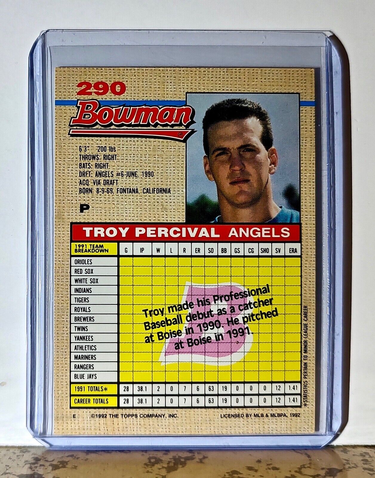 Troy Percival 1992 Topps Bowman MLB #290 Baseball Card California Angels