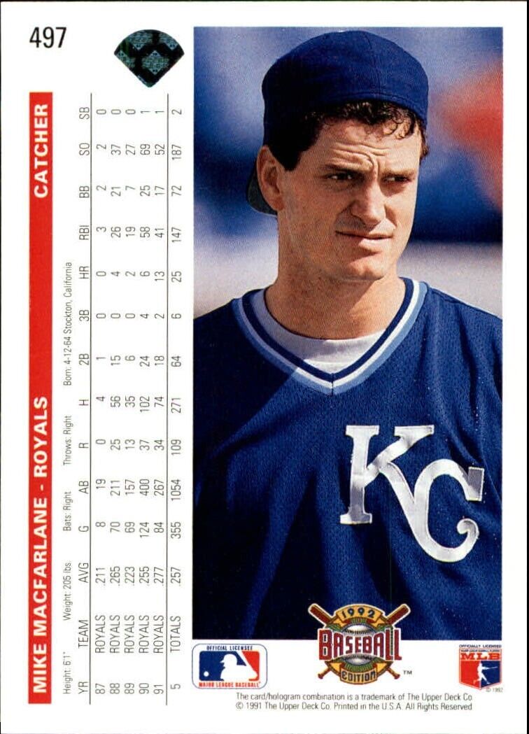 Mike Macfarlane 1992 Upper Deck MLB #497 Baseball Card Kansas City Royals