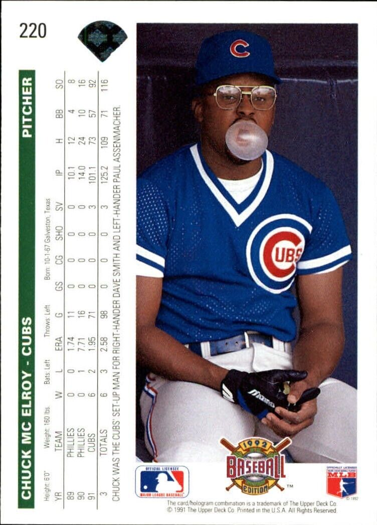 Chuck McElroy 1992 Upper Deck MLB #220 Baseball Card Chicago Cubs