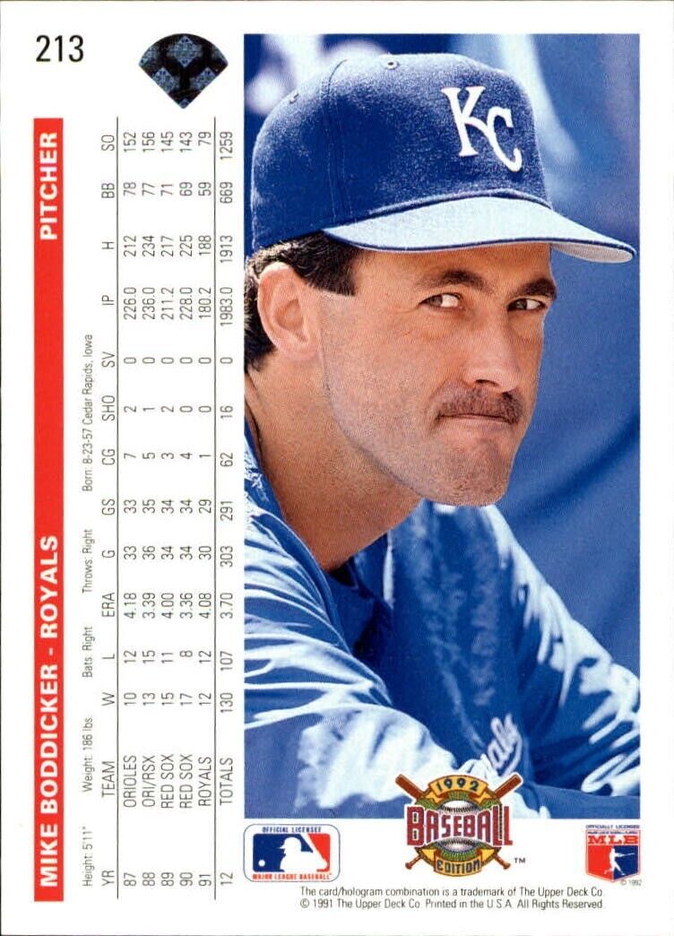 Mike Boddicker 1992 Upper Deck MLB #213 Baseball Card Kansas City Royals