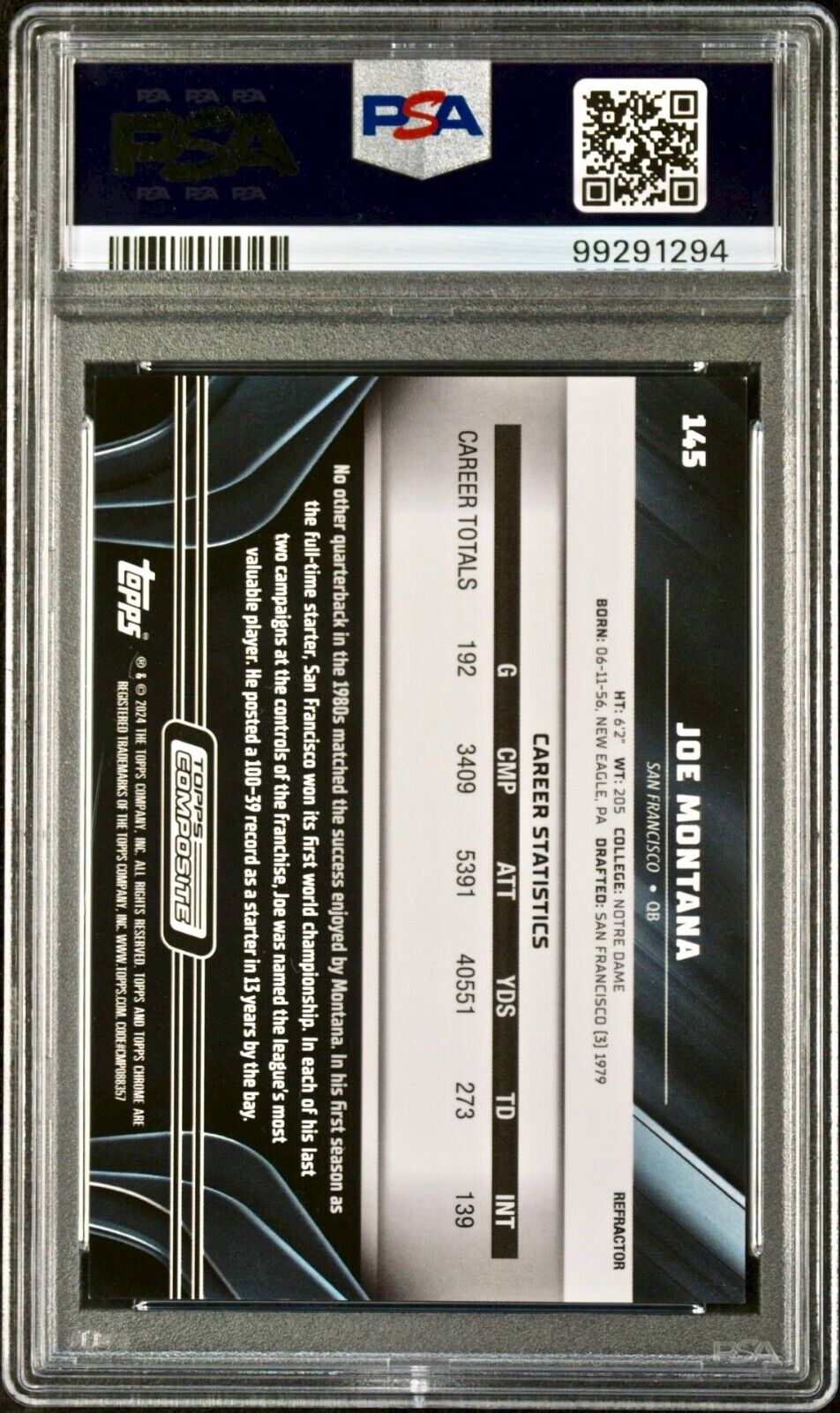 Joe Montana 2023 Topps Chrome Black NFL #145 Refractor 141/199 Card PSA 9 Mint