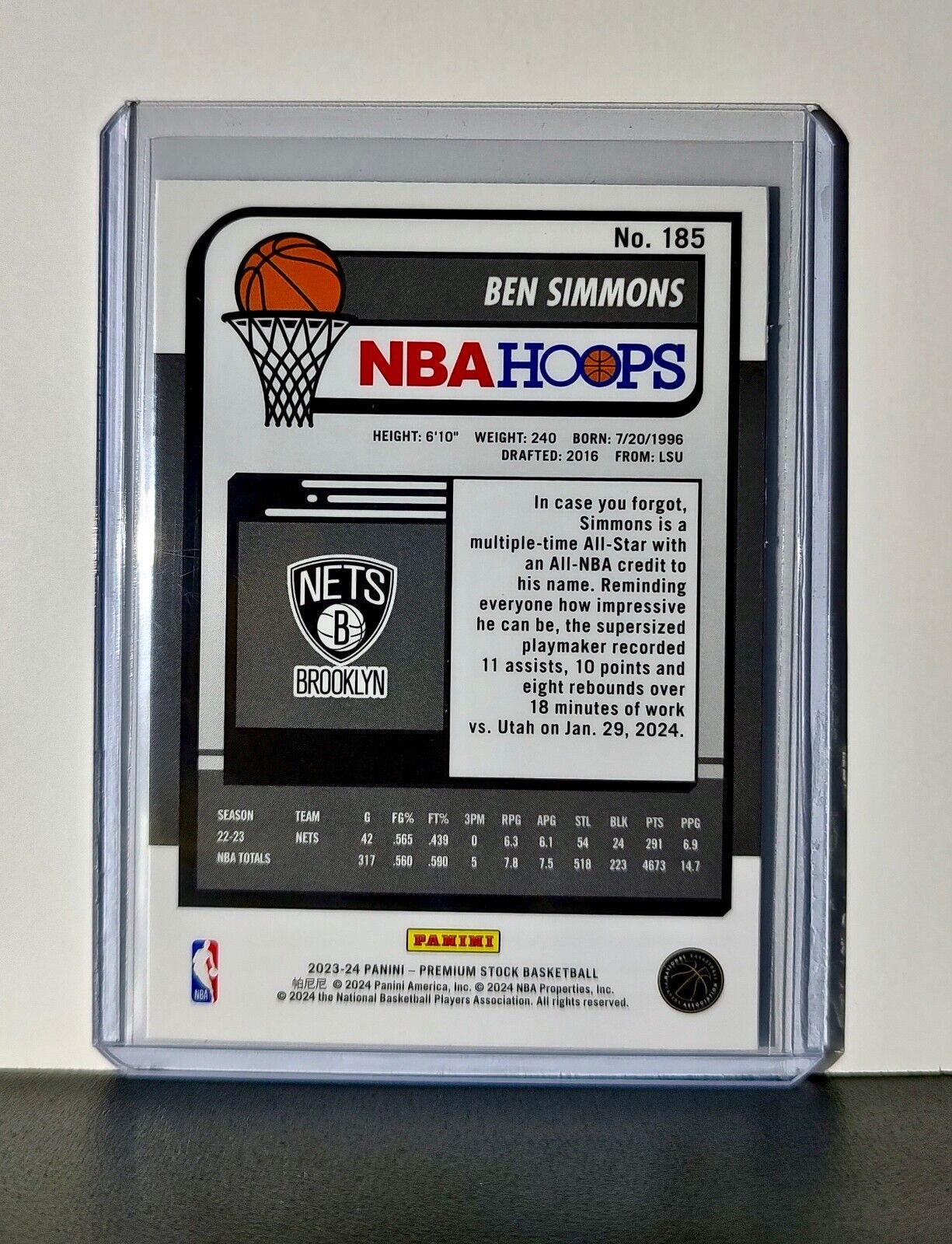 Ben Simmons 2023-24 Panini Premium Stock NBA Hoops #185 Card Brooklyn Nets