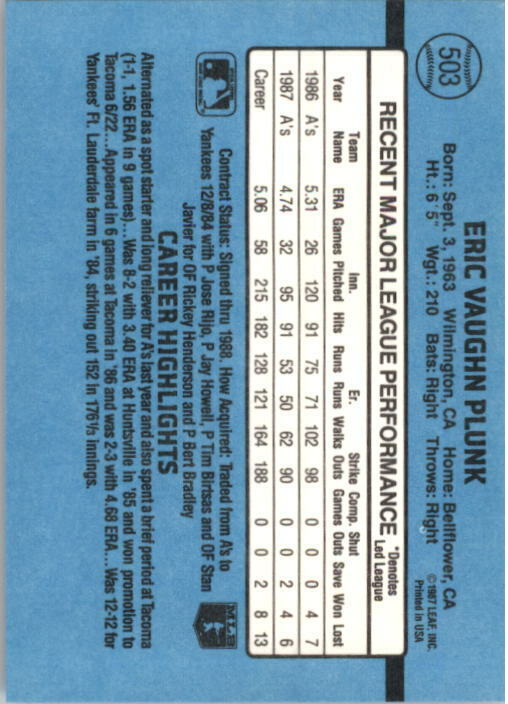 1988 Eric Plunk Donruss Baseball Card #503