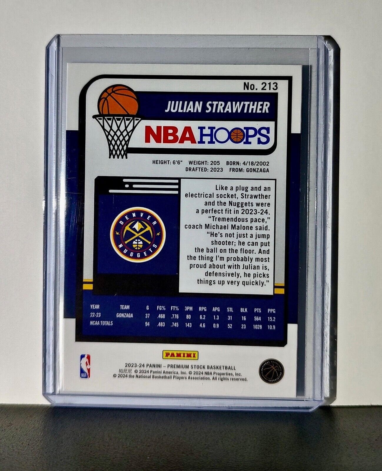 Julian Strawther 2023-24 Panini Premium Stock NBA Hoops #213 Rookie Card Nuggets