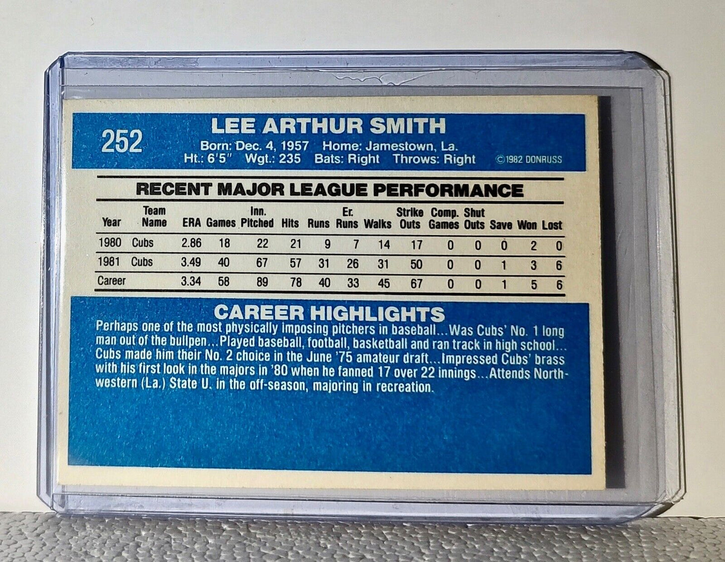 Lee Smith 1982 Donruss MLB #252 Baseball Card Chicago Cubs