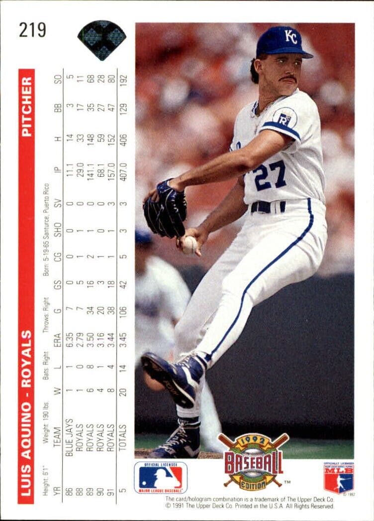 Luis Aquino 1992 Upper Deck MLB #219 Baseball Card Kansas City Royals