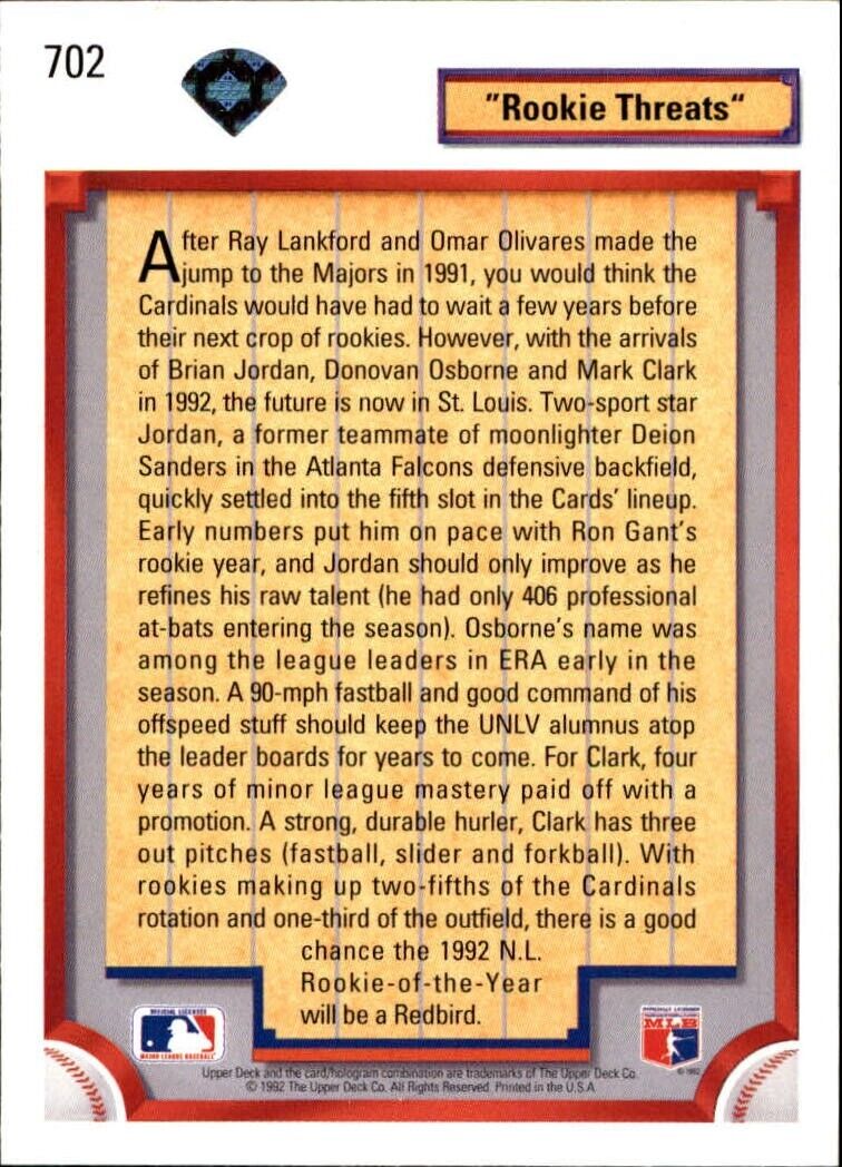 Mark Clark/Donovan Osborne/Brian Jordan 1992 Upper Deck MLB #702 Card Cardinals