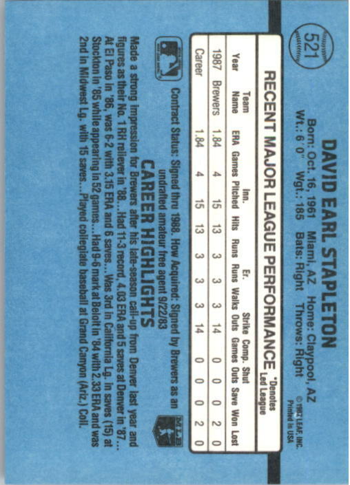 1988 Dave Stapleton Donruss Baseball Card #521