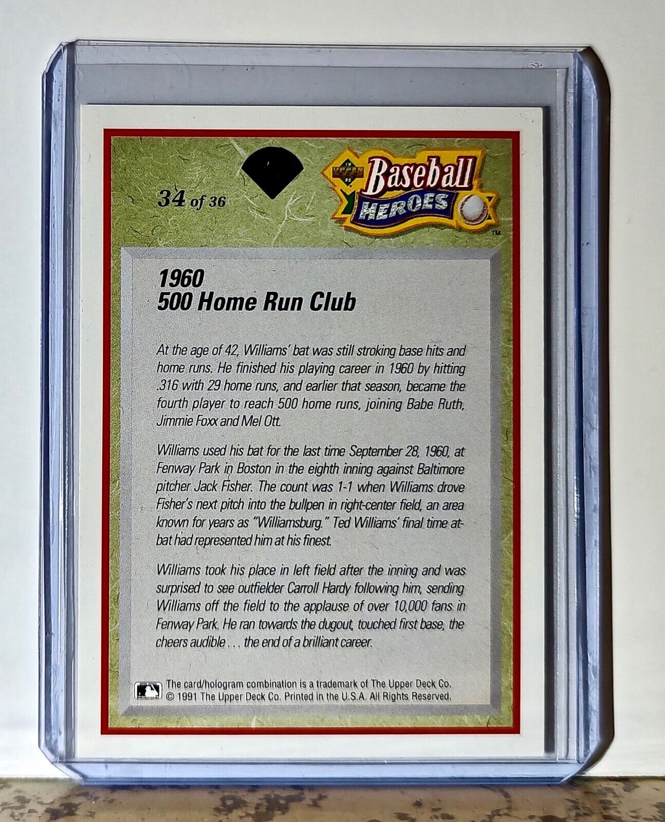 Ted Williams 1992 Upper Deck Baseball Heroes MLB #34 Card Boston Red Sox