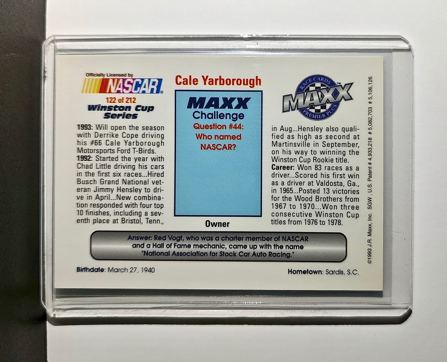 Cale Yarborough 1993 Maxx Premier Plus Racing #122 NASCAR Card Cale Yarborough
