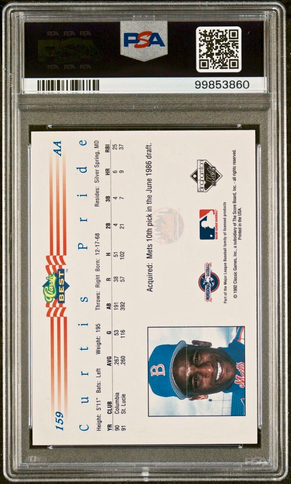 Curtis Pride 1992 Classic Best MLB #159 Baseball Card PSA 9 Auto 9