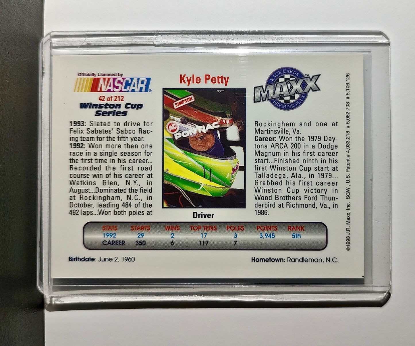 Kyle Petty 1993 Maxx Premier Plus Racing #42 NASCAR Card SABCO Racing