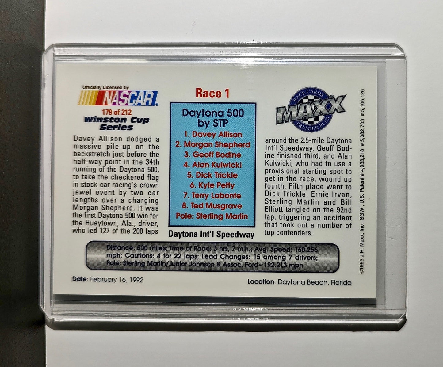 Race 1 Daytona YR 1993 Maxx Premier Plus Racing #179 NASCAR Card