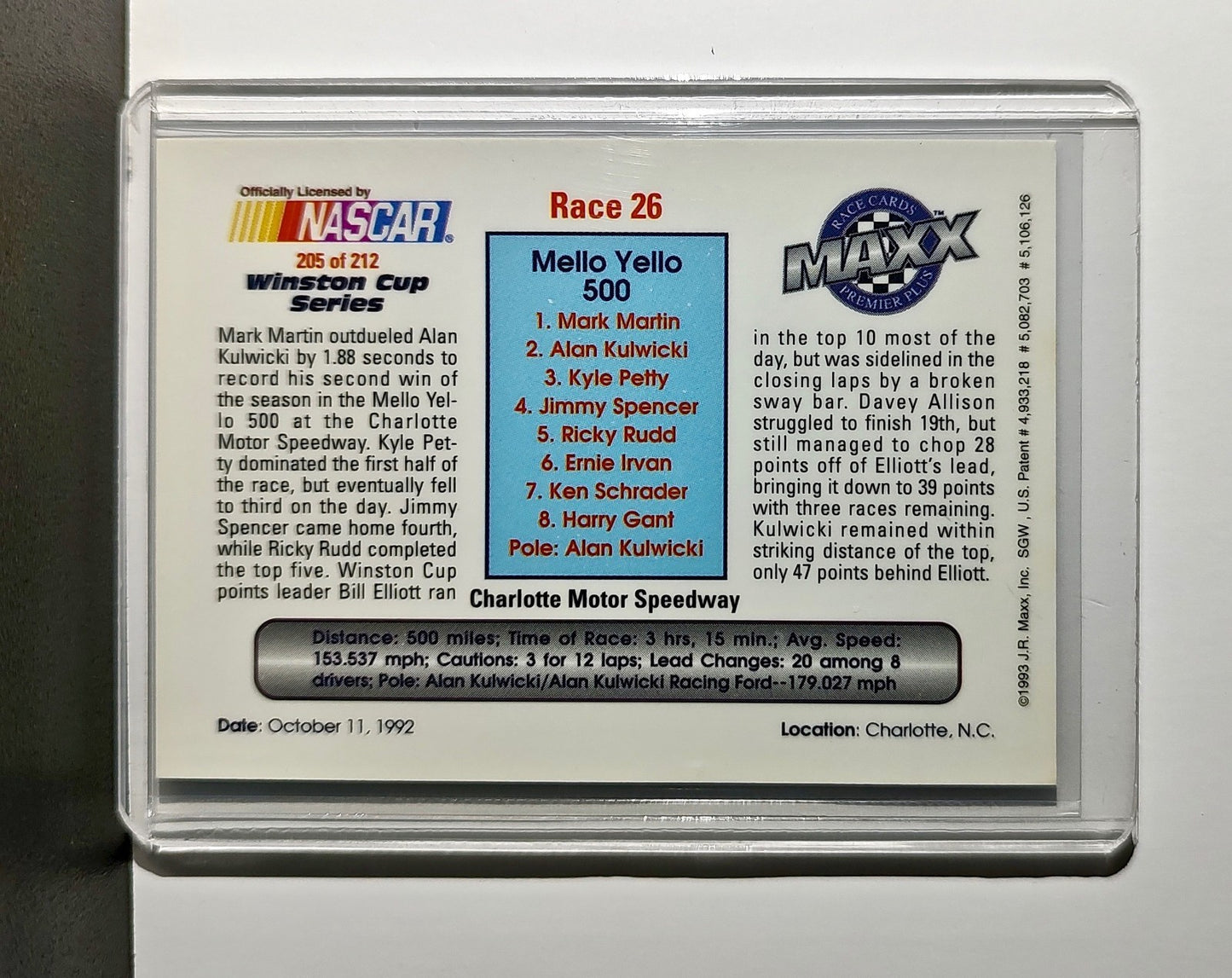 Race 26 Charlotte YR 1993 Maxx Premier Plus Racing #205 NASCAR Card Roush Racing