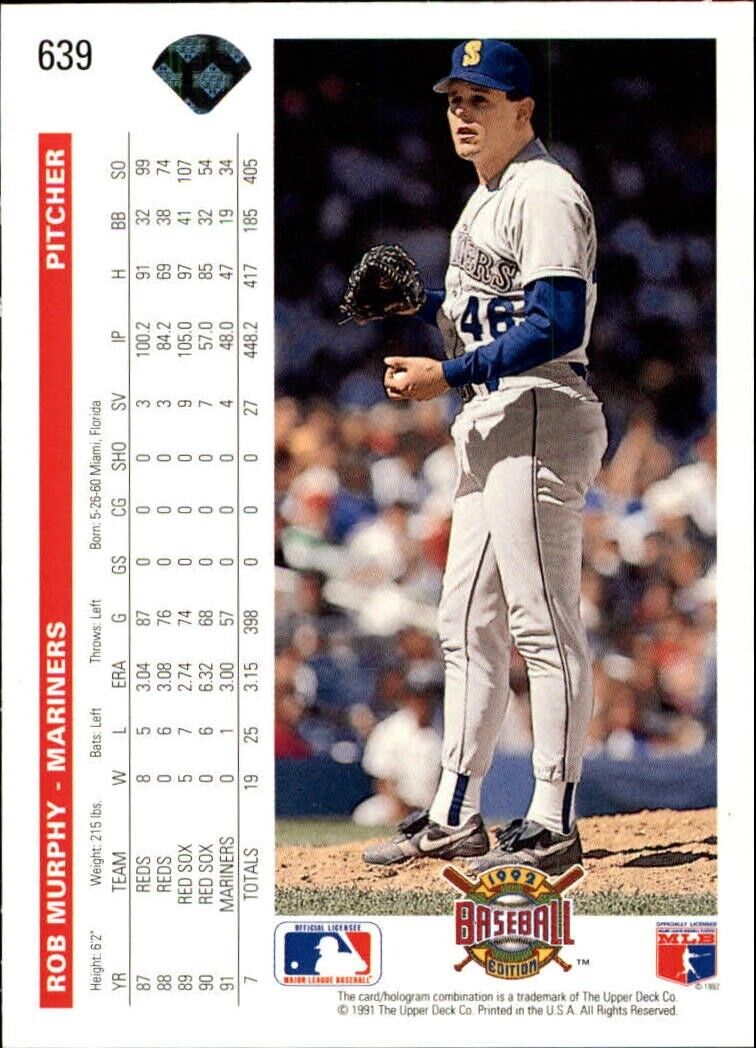 Rob Murphy 1992 Upper Deck MLB #639 Baseball Card Seattle Mariners