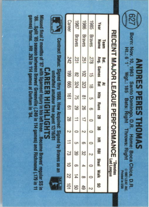 1988 Andres Thomas Donruss Baseball Card #627