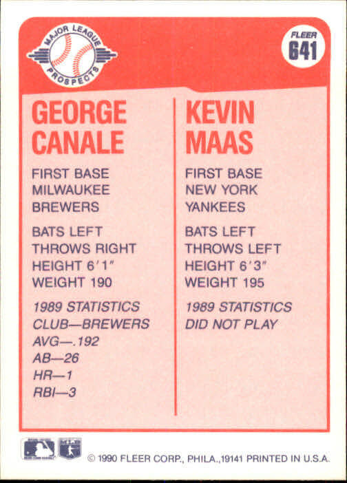 1990 George Canale / Kevin Maas Fleer Baseball Card #641