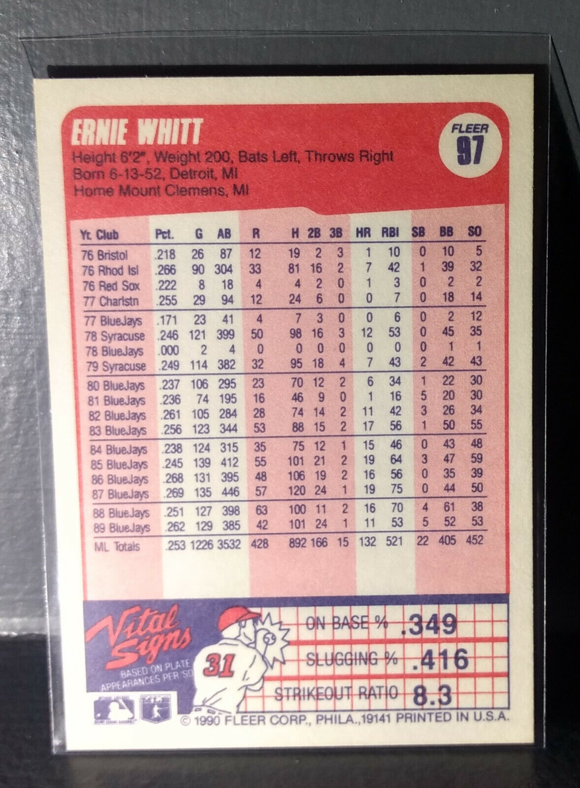 1990 Ernie Whitt Fleer Baseball Card #97