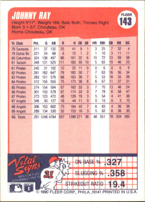 1990 Johnny Ray Fleer Baseball Card #143