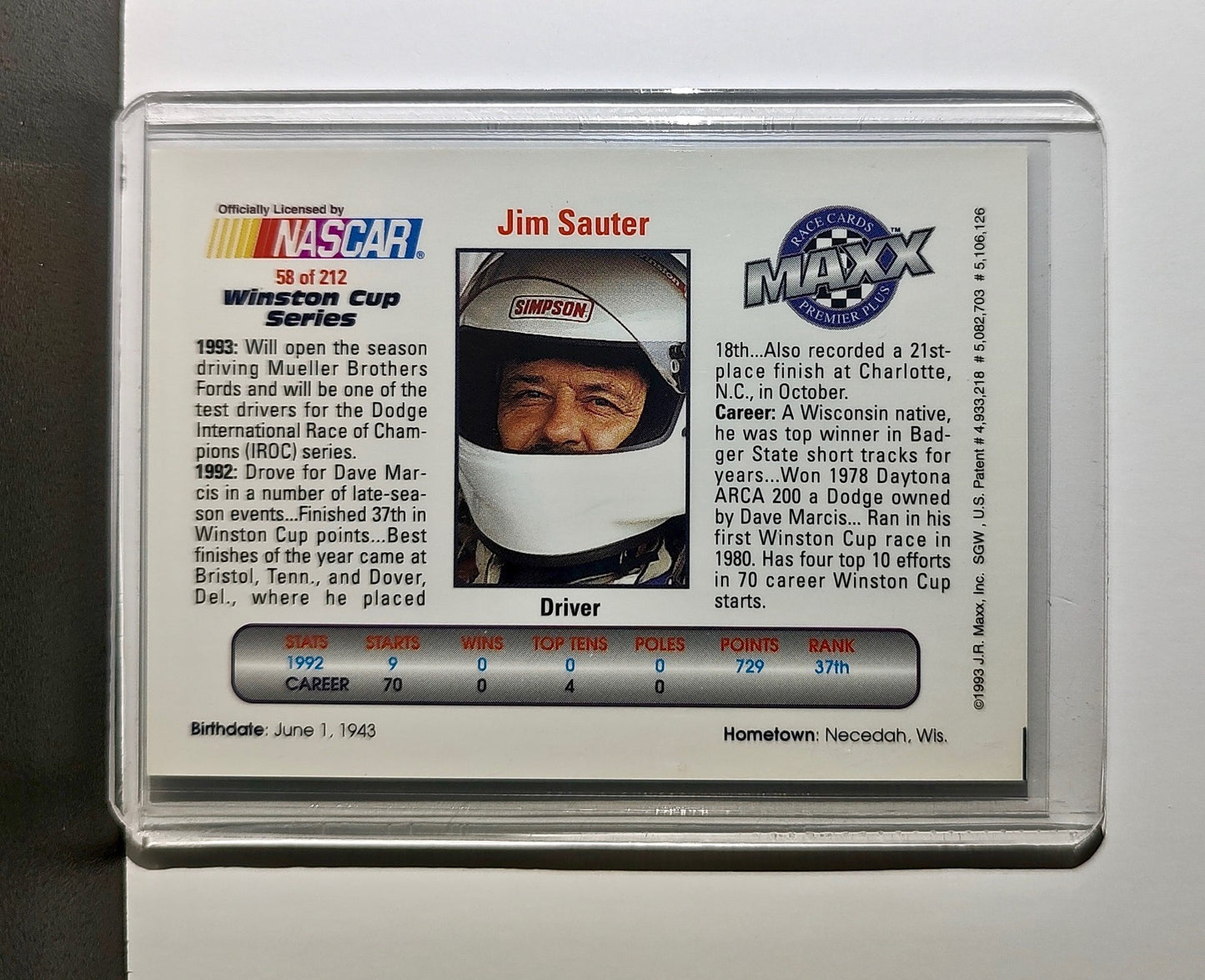 Jim Sauter 1993 Maxx Premier Plus Racing #58 NASCAR Card Mueller Brothers Racing