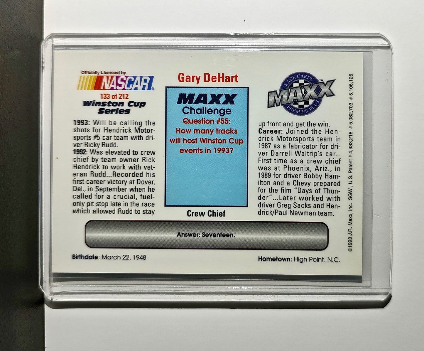 Gary DeHart 1993 Maxx Premier Plus Racing #133 NASCAR Card Hendrick Motorsports