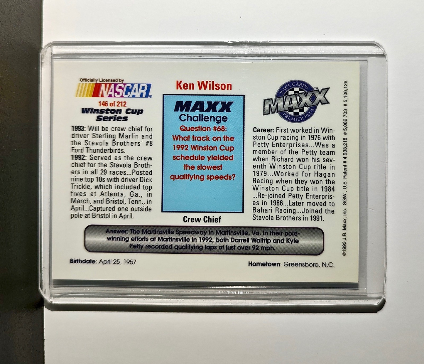 Ken Wilson 1993 Maxx Premier Plus Racing #146 NASCAR Stavola Brothers Racing