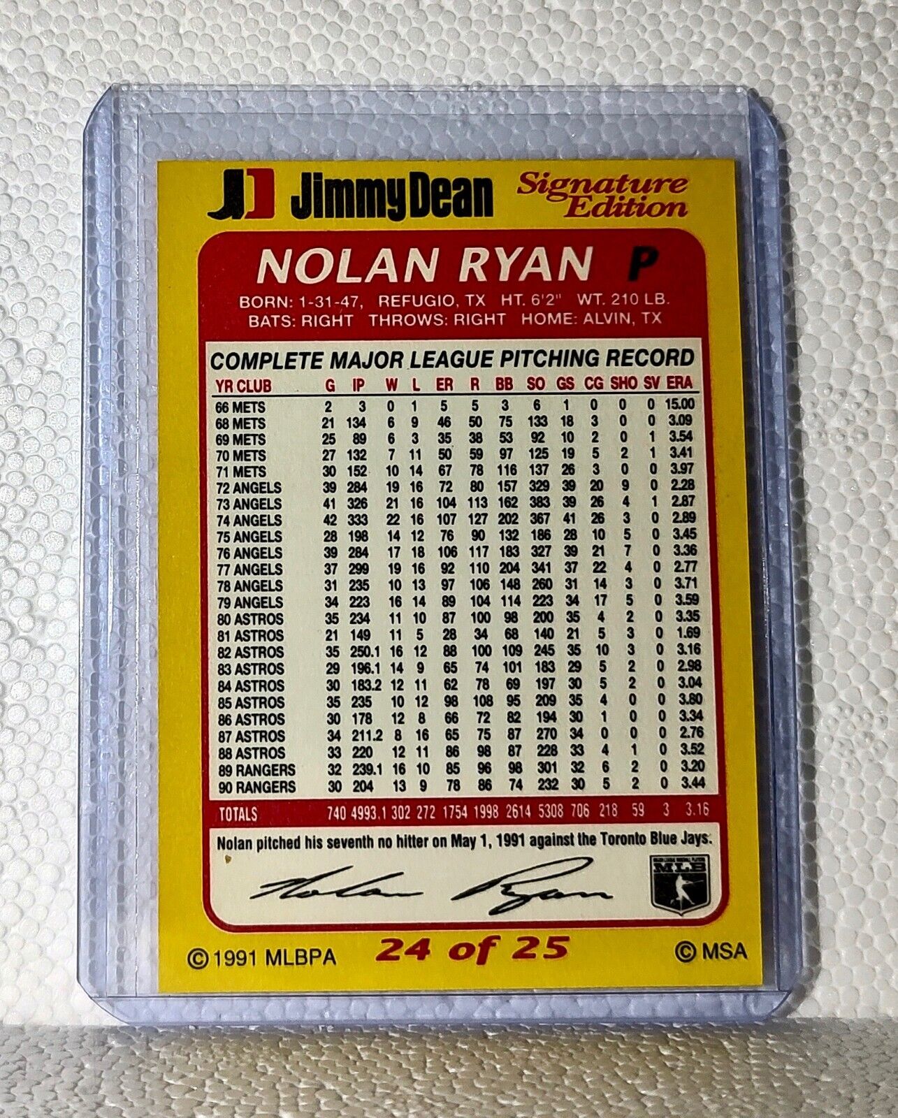 Nolan Ryan 1991 Jimmy Dean MLB #24 Baseball Card Texas Rangers