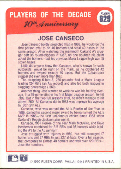 1990 Jose Canseco Fleer Baseball Card #629