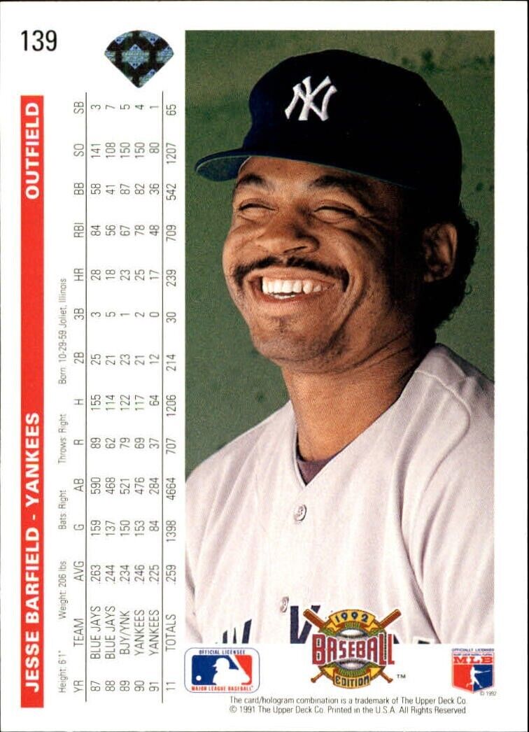 Jesse Barfield 1992 Upper Deck MLB #139 Baseball Car New York Yankees
