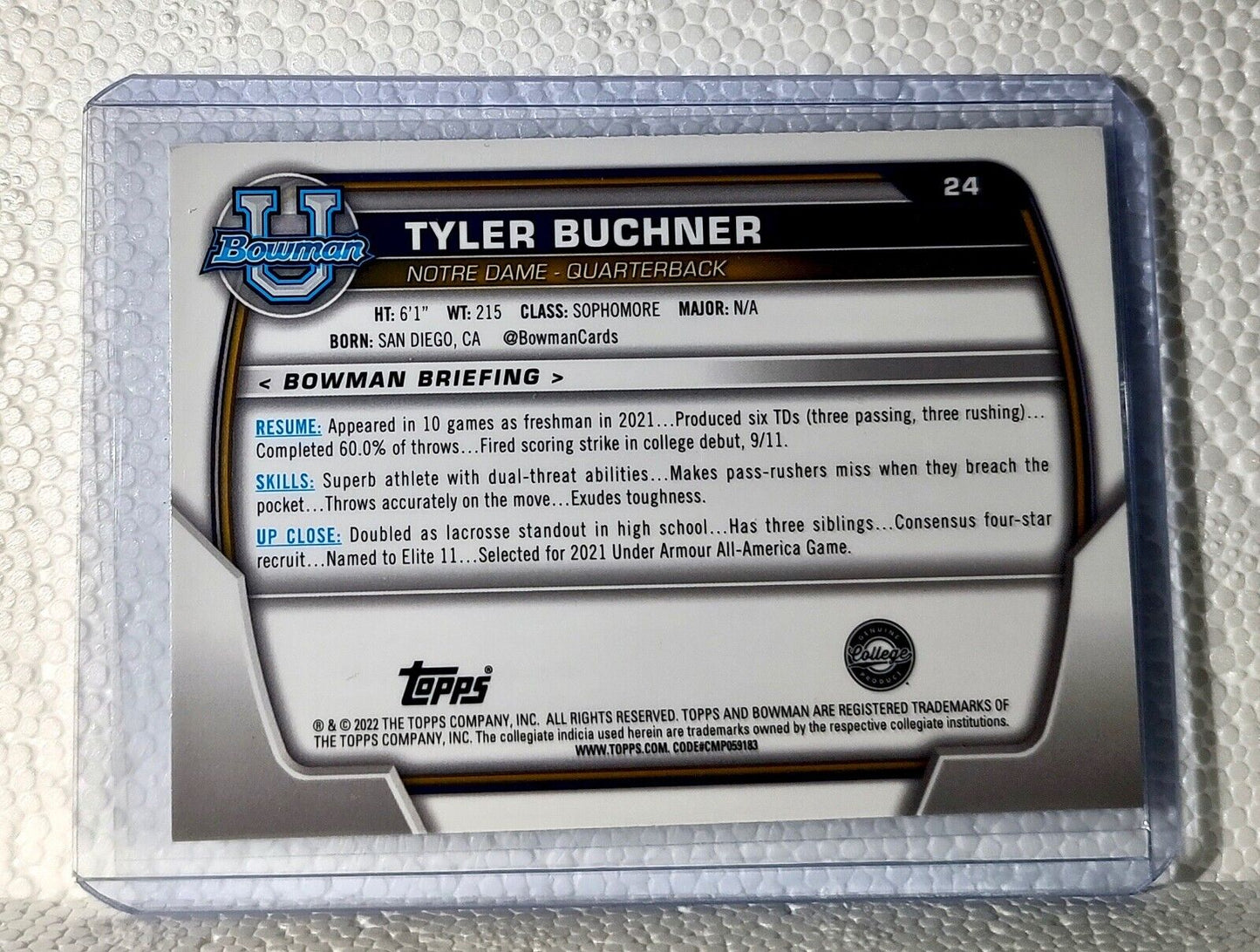 Tyler Buchner 2022 Topps 1st Bowman U Football #24 Card Notre Dame