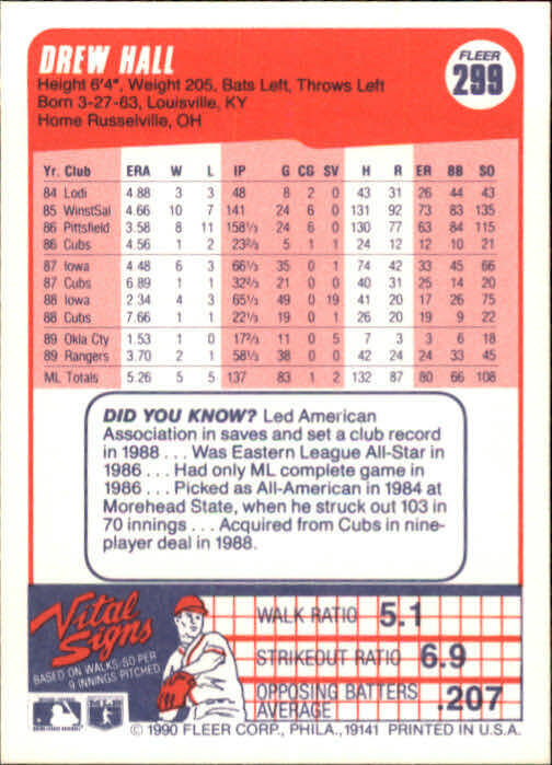 1990 Drew Hall Fleer Baseball Card #299