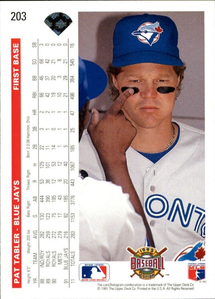 Pat Tabler 1992 Upper Deck MLB #203 Baseball Card Toronto Blue Jays