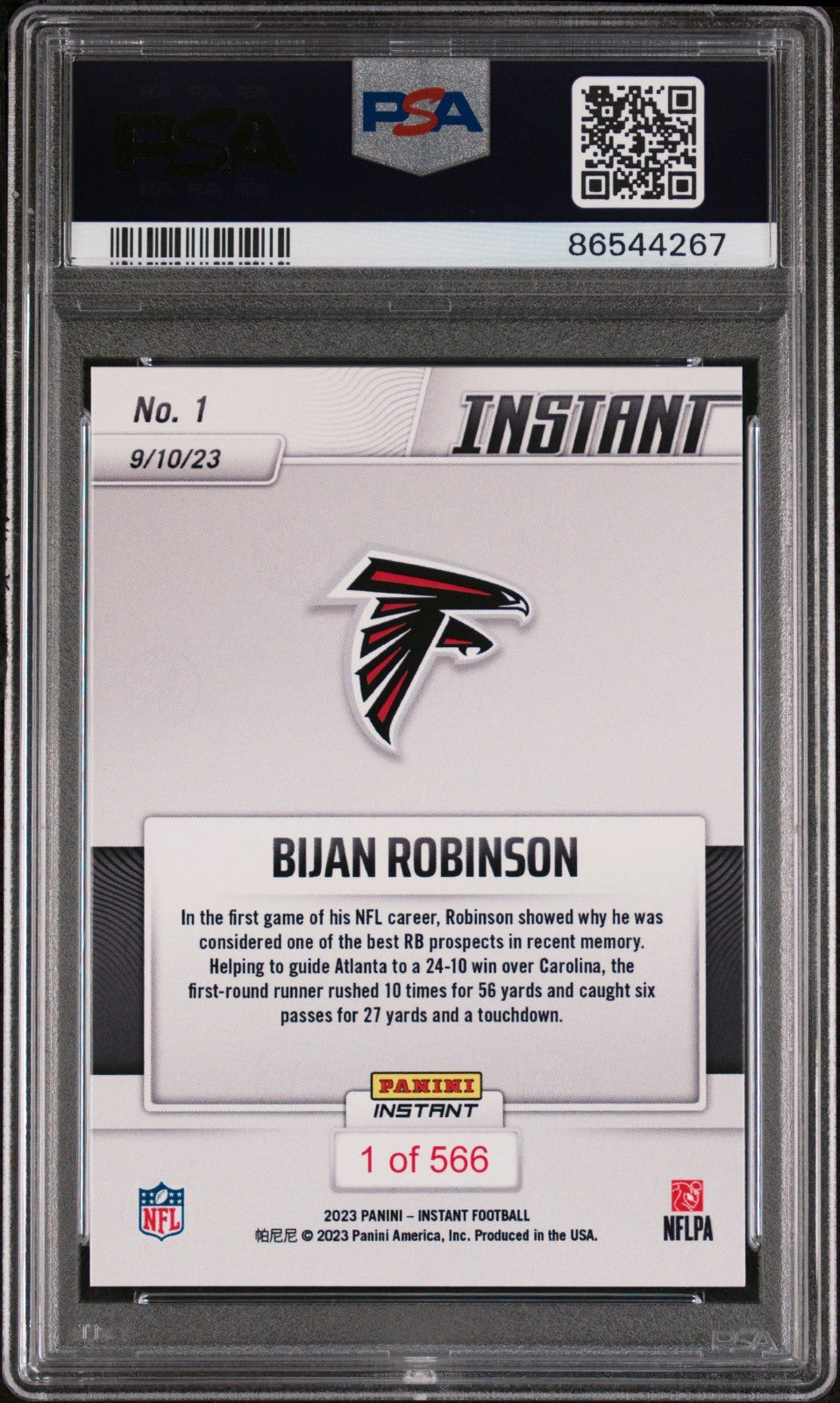 Bijan Robinson 2023 Panini NFL Rookie #1 Card 1 of 566 Falcons PSA 9 Mint
