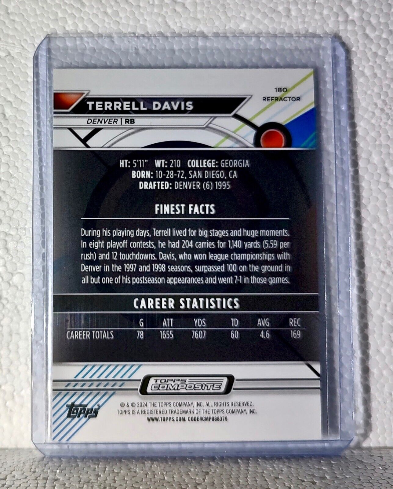 Terrell Davis 2023 Topps Finest Refractor NFL #180 Football Card Denver Broncos