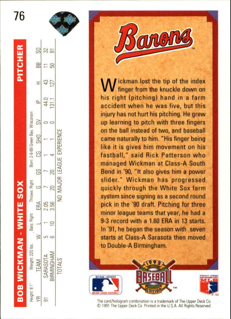 Bob Wickman 1992 Upper Deck MLB #76 Baseball Card New York Yankees