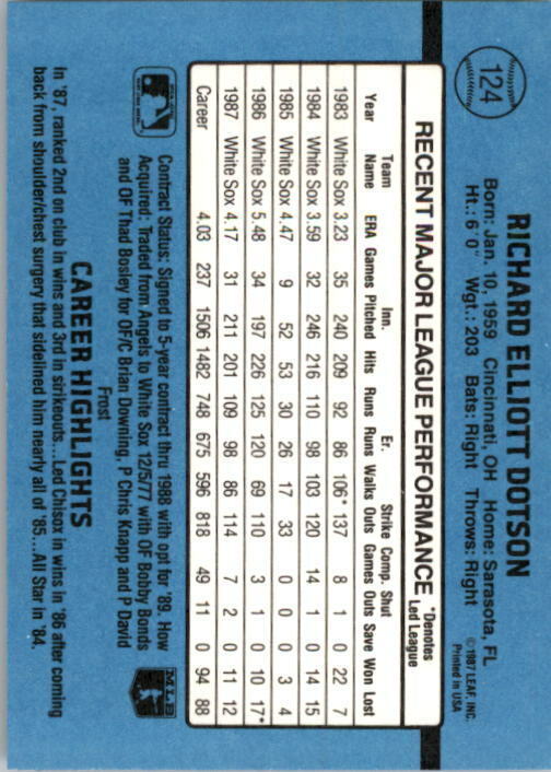 1988 Richard Dotson Donruss Baseball Card #124