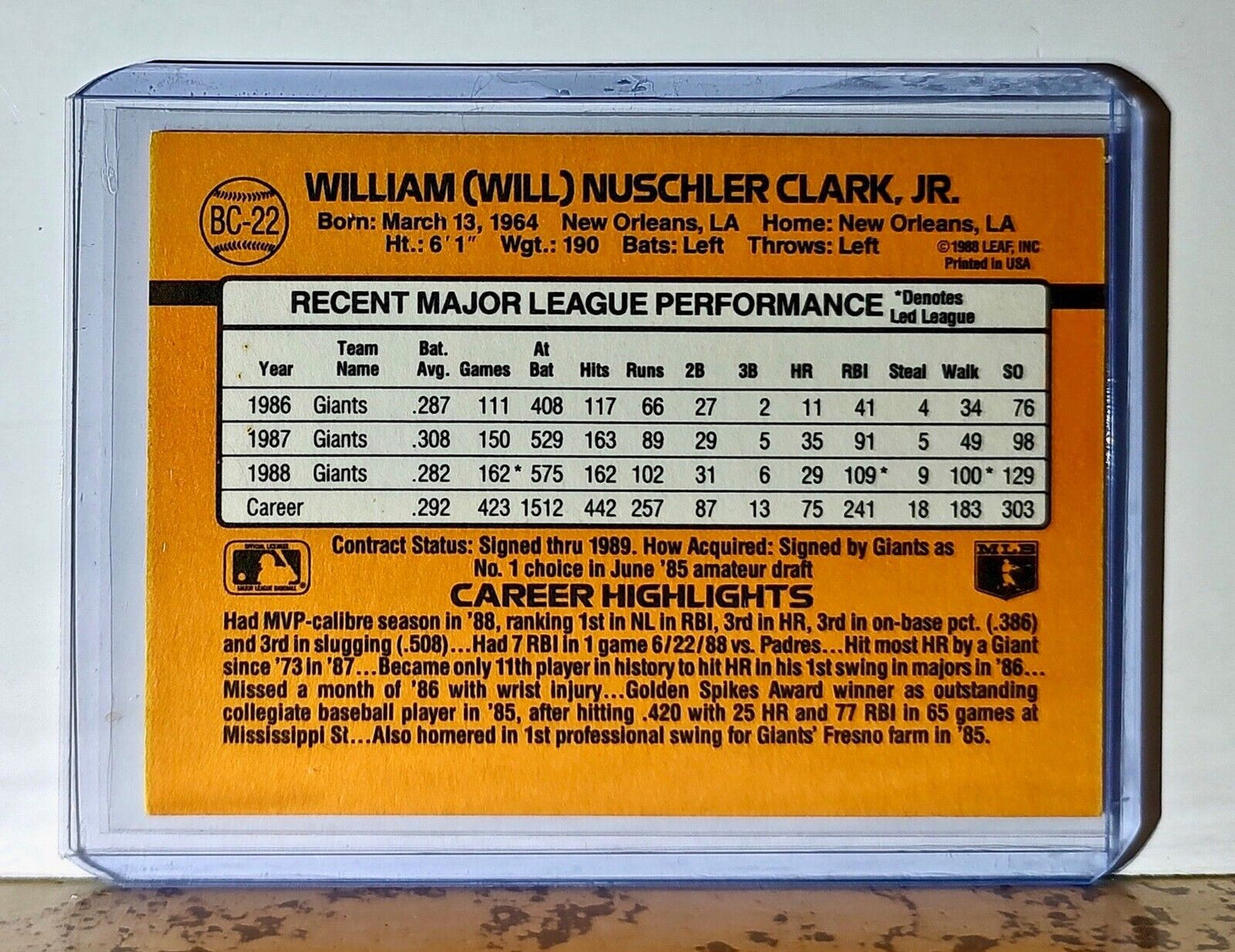 Will Clark 1989 Donruss MVP MLB #BC-22 Baseball Card San Francisco Giants