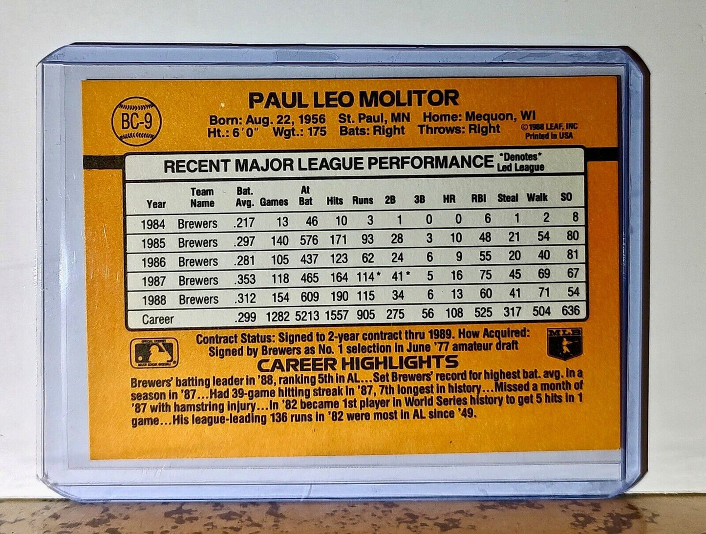 Paul Molitor 1989 Donruss MVP MLB #BC-9 Baseball Card Milwaukee Brewers