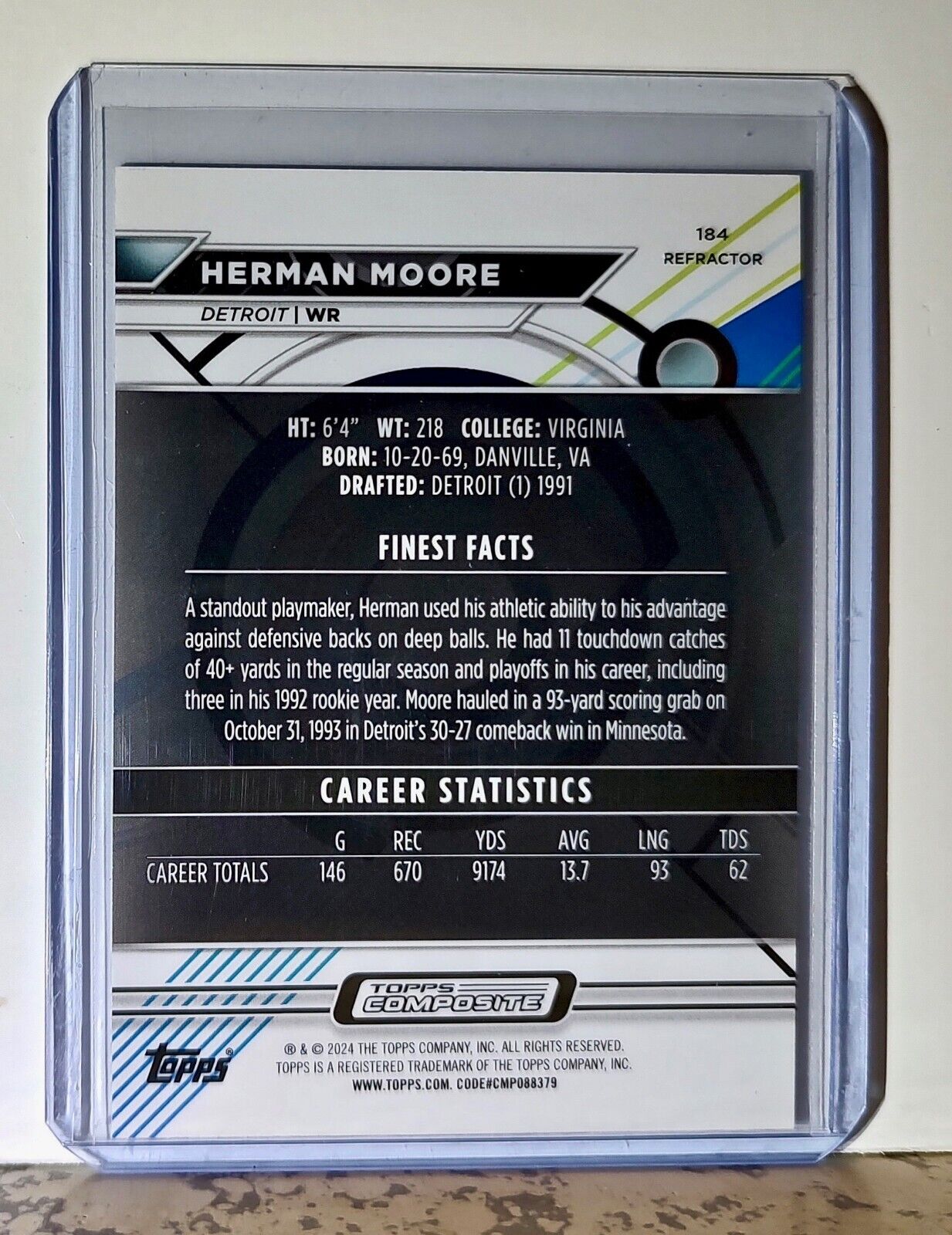 Herman Moore 2023 Topps Finest Refractor NFL #184 Football Card Detroit Lions