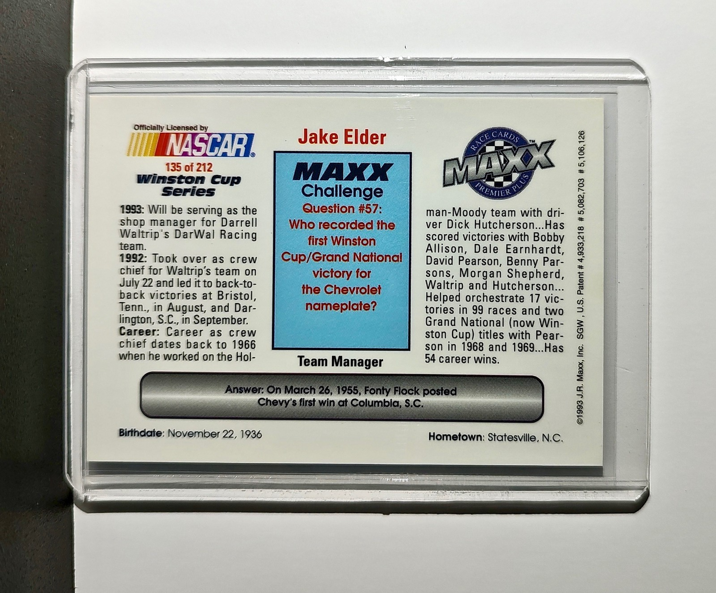 Jake Elder 1993 Maxx Premier Plus Racing #135 NASCAR Card DARWAL Inc.