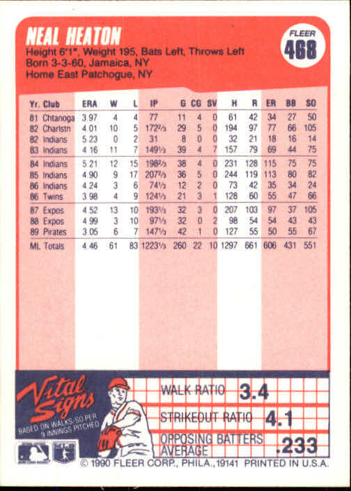 1990 Neal Heaton Fleer Baseball Card #468