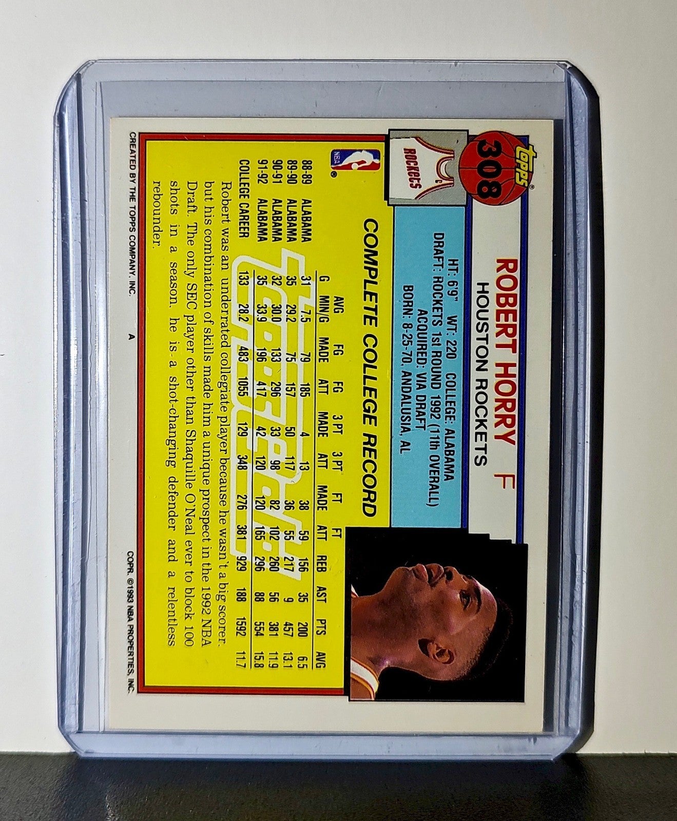 Robert Horry Rookie 1992 Topps Draft Pick NBA #308 Card Houston Rockets