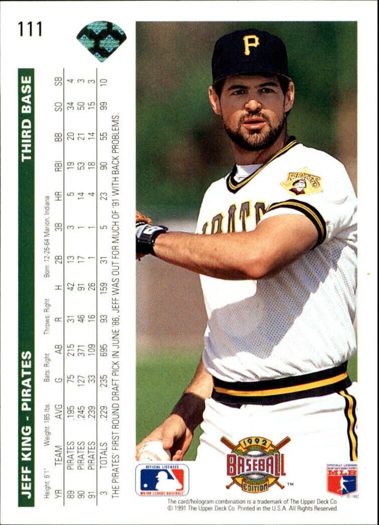 Jeff King 1992 Upper Deck MLB #111 Baseball Card Pittsburgh Pirates