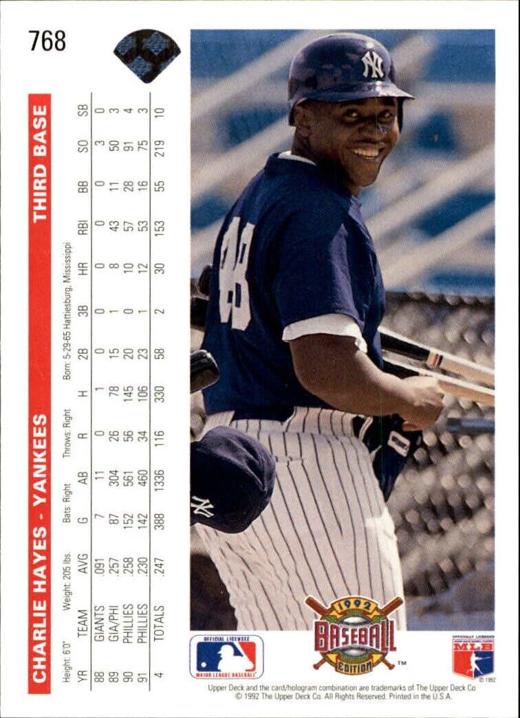 Charlie Hayes 1992 Upper Deck MLB #768 Baseball Card New York Yankees