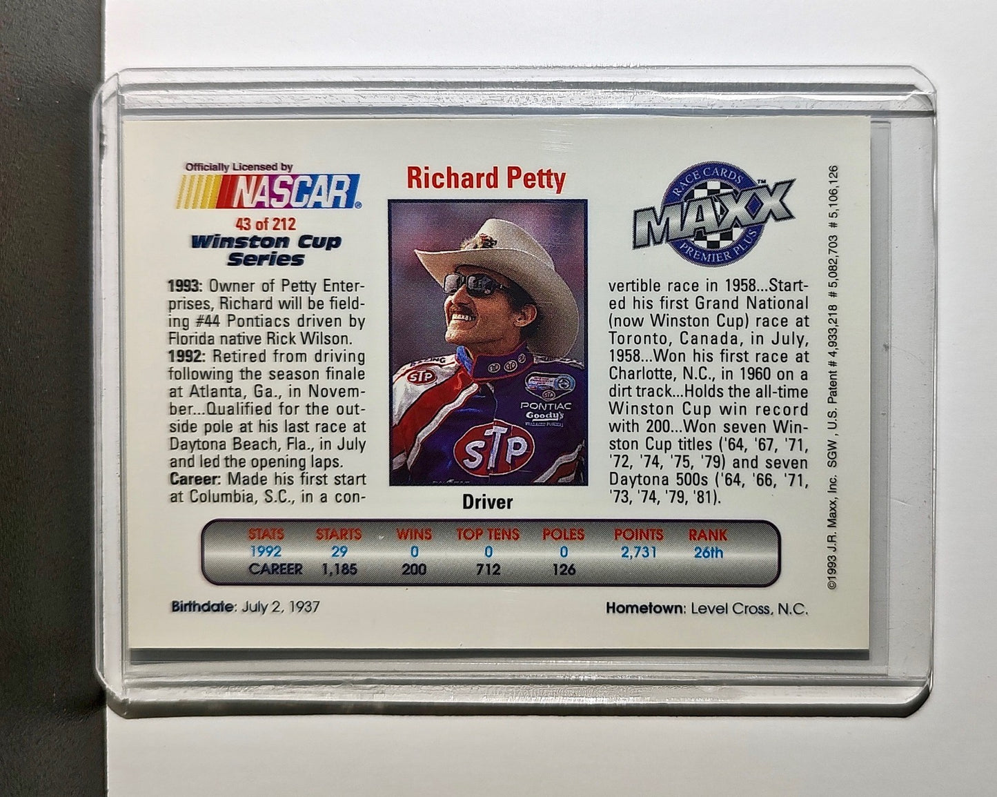 Richard Petty 1993 Maxx Premier Plus Racing #43 NASCAR Card Petty Enterprises