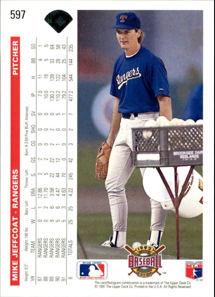 Mike Jeffcoat 1992 Upper Deck MLB #597 Baseball Card Texas Rangers