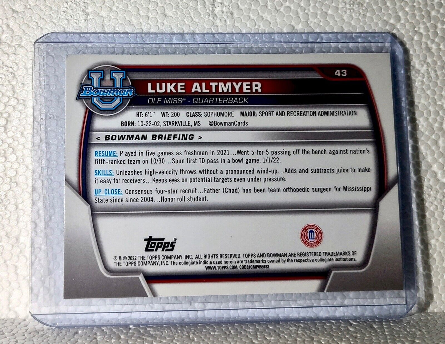 Luke Altmyer 2022 Topps 1st Bowman U Football #43 Card Ole Miss